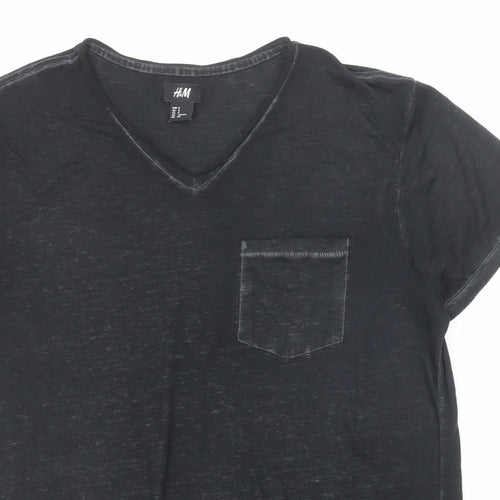 H&M Mens Black Polyester T-Shirt Size S V-Neck