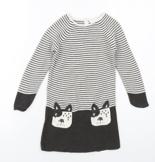 NEXT Girls Black Striped Cotton Jumper Dress Size 5-6 Years Boat Neck Button - Dog Pockets