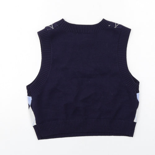 H&M Womens Blue Round Neck Argyle/Diamond Acrylic Vest Jumper Size S