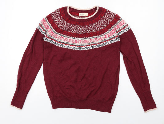 Hollister Womens Red Round Neck Fair Isle Cotton Pullover Jumper Size S
