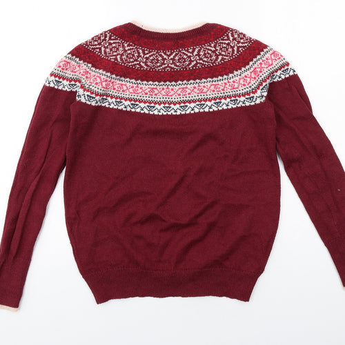 Hollister Womens Red Round Neck Fair Isle Cotton Pullover Jumper Size S