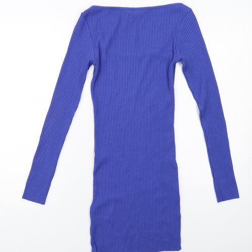 H&M Womens Blue Cotton Jumper Dress Size S Square Neck Pullover