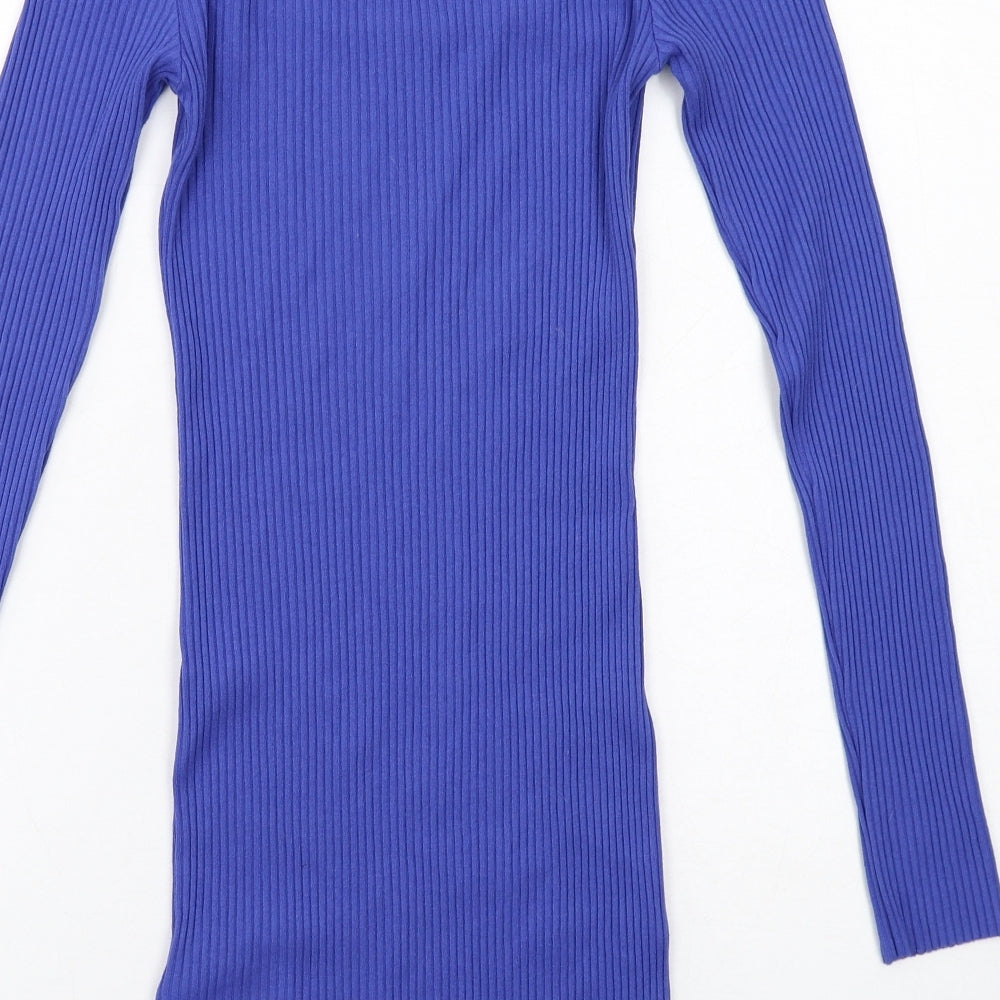 H&M Womens Blue Cotton Jumper Dress Size S Square Neck Pullover