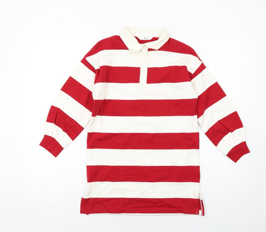 Marks and Spencer Girls Red Striped Cotton Jumper Dress Size 7-8 Years Collared Button