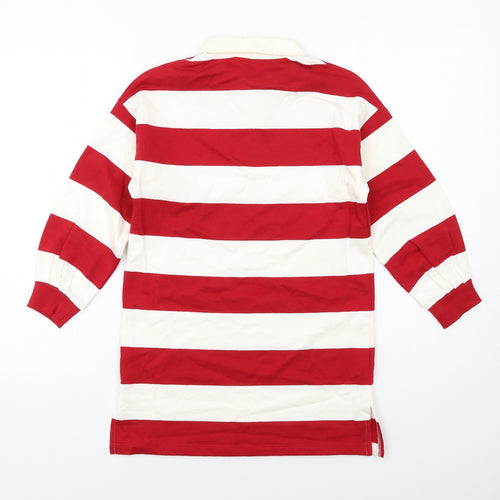 Marks and Spencer Girls Red Striped Cotton Jumper Dress Size 7-8 Years Collared Button