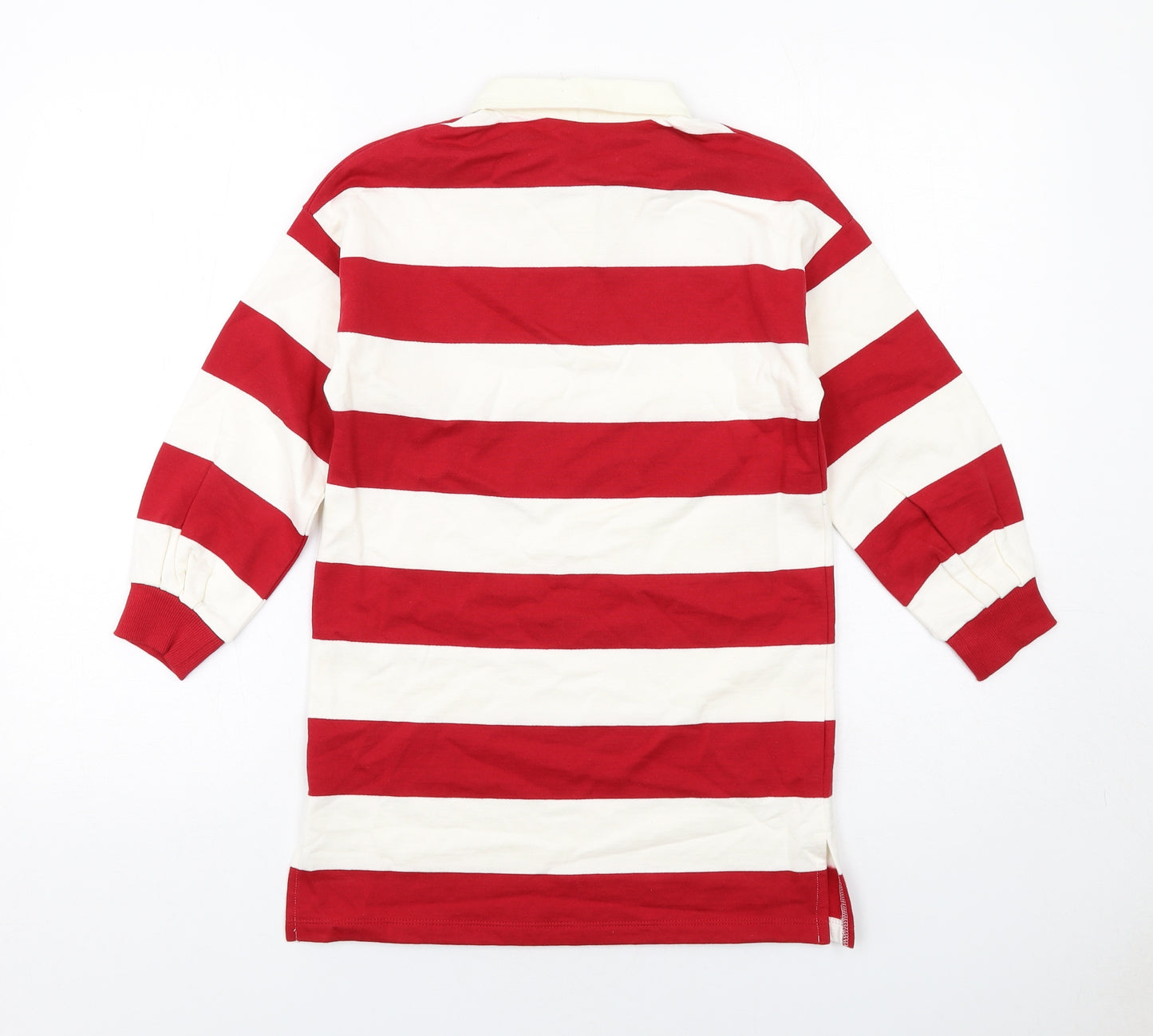 Marks and Spencer Girls Red Striped Cotton Jumper Dress Size 7-8 Years Collared Button