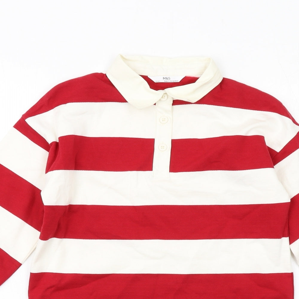 Marks and Spencer Girls Red Striped Cotton Jumper Dress Size 7-8 Years Collared Button