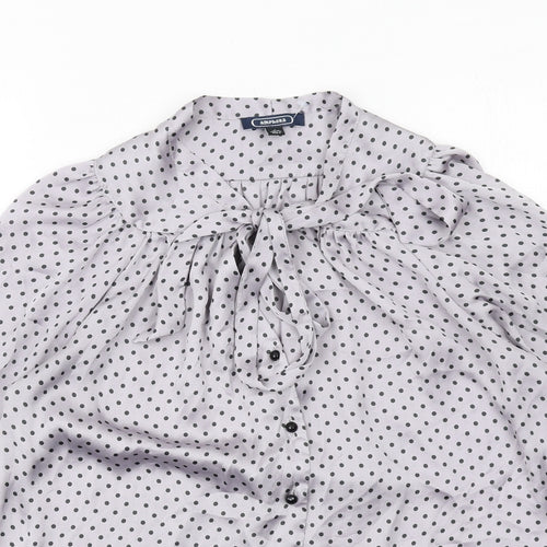 Amphora Womens Grey Polka Dot Polyester Basic Button-Up Size 10 Round Neck - Tie Neck Detail