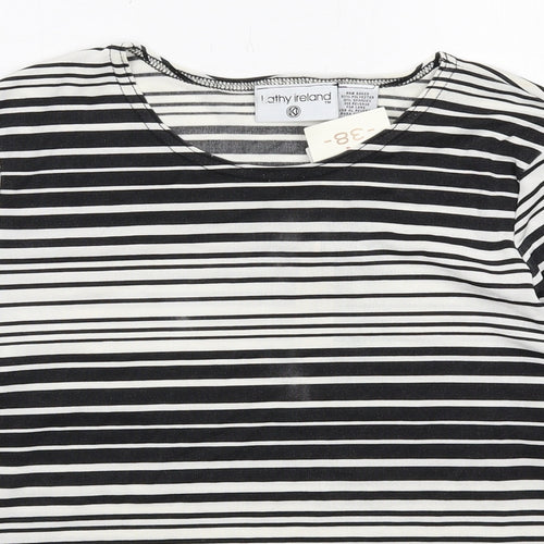Kathy Ireland Womens Black Striped Polyester Basic T-Shirt Size 10 Boat Neck