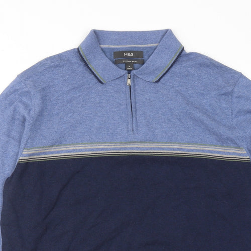 Marks and Spencer Mens Blue Colourblock Cotton Polo Size M Collared Zip