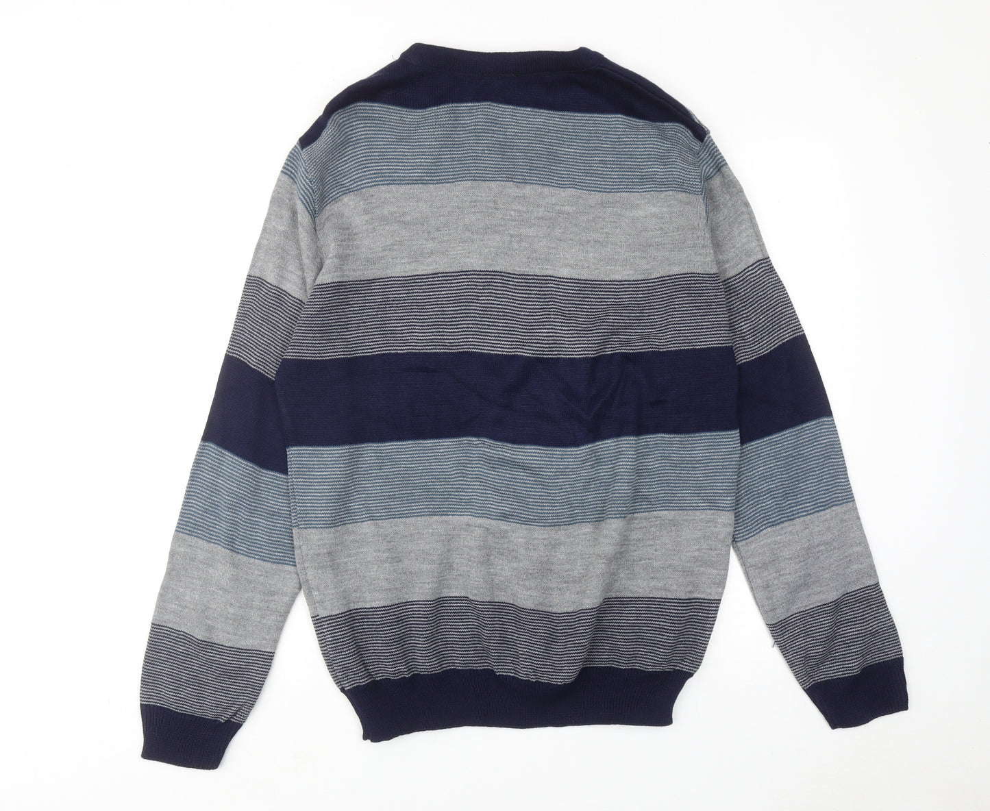 Woodville Mens Blue Round Neck Striped Acrylic Pullover Jumper Size M Long Sleeve