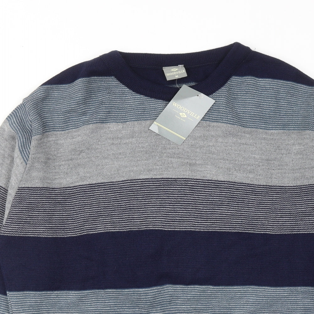 Woodville Mens Blue Round Neck Striped Acrylic Pullover Jumper Size M Long Sleeve