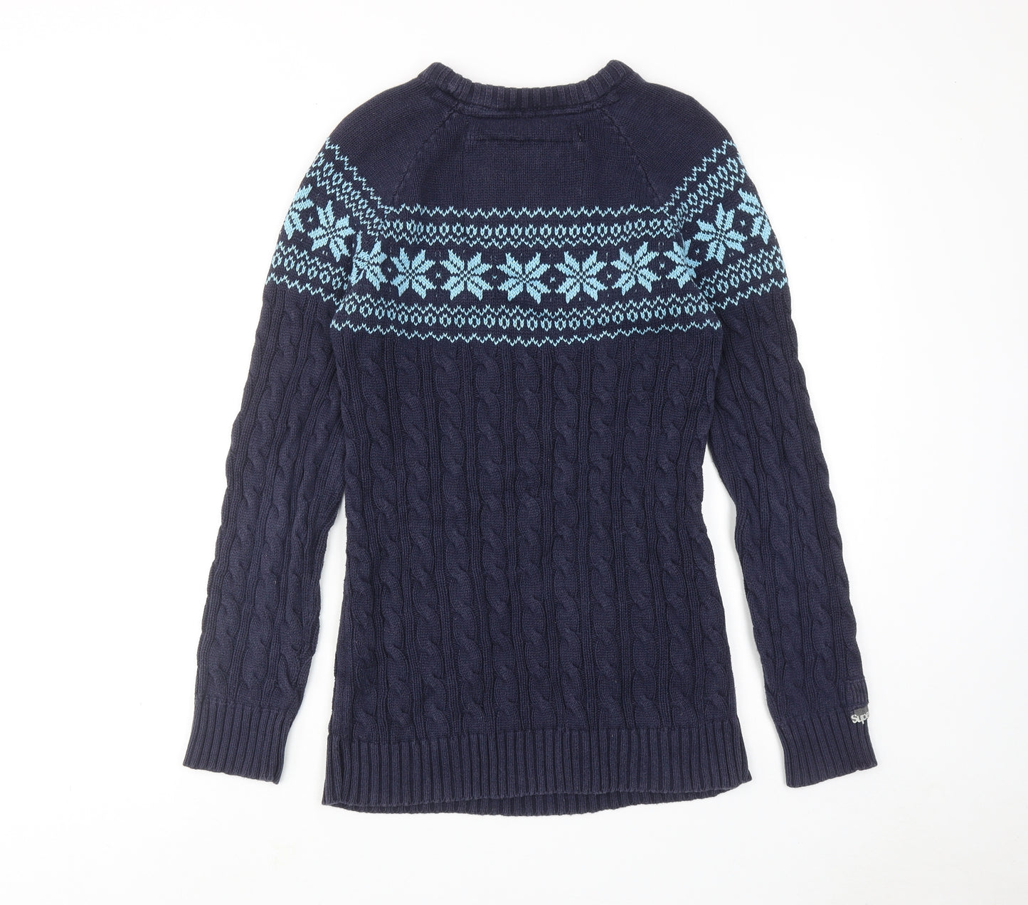 Superdry Womens Blue Round Neck Fair Isle Cotton Pullover Jumper Size L