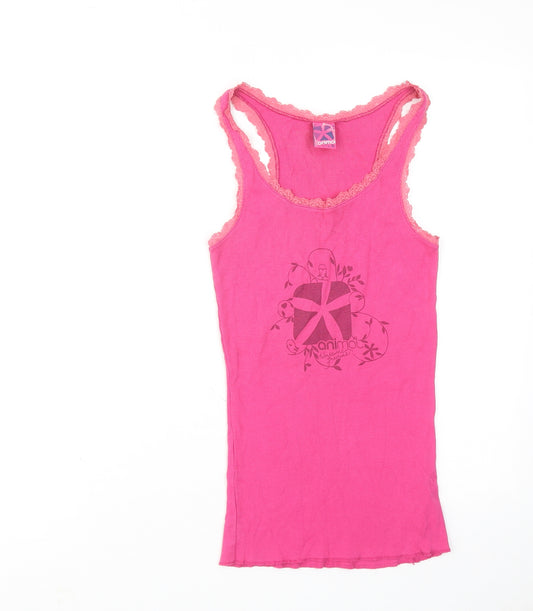 Animal Womens Pink Cotton Basic Tank Size 10 Round Neck - Lace Details