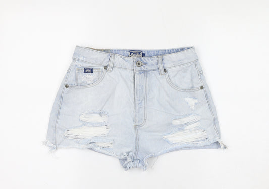 Superdry Womens Blue 100% Cotton Hot Pants Shorts Size 28 in Regular Button - Distressed look