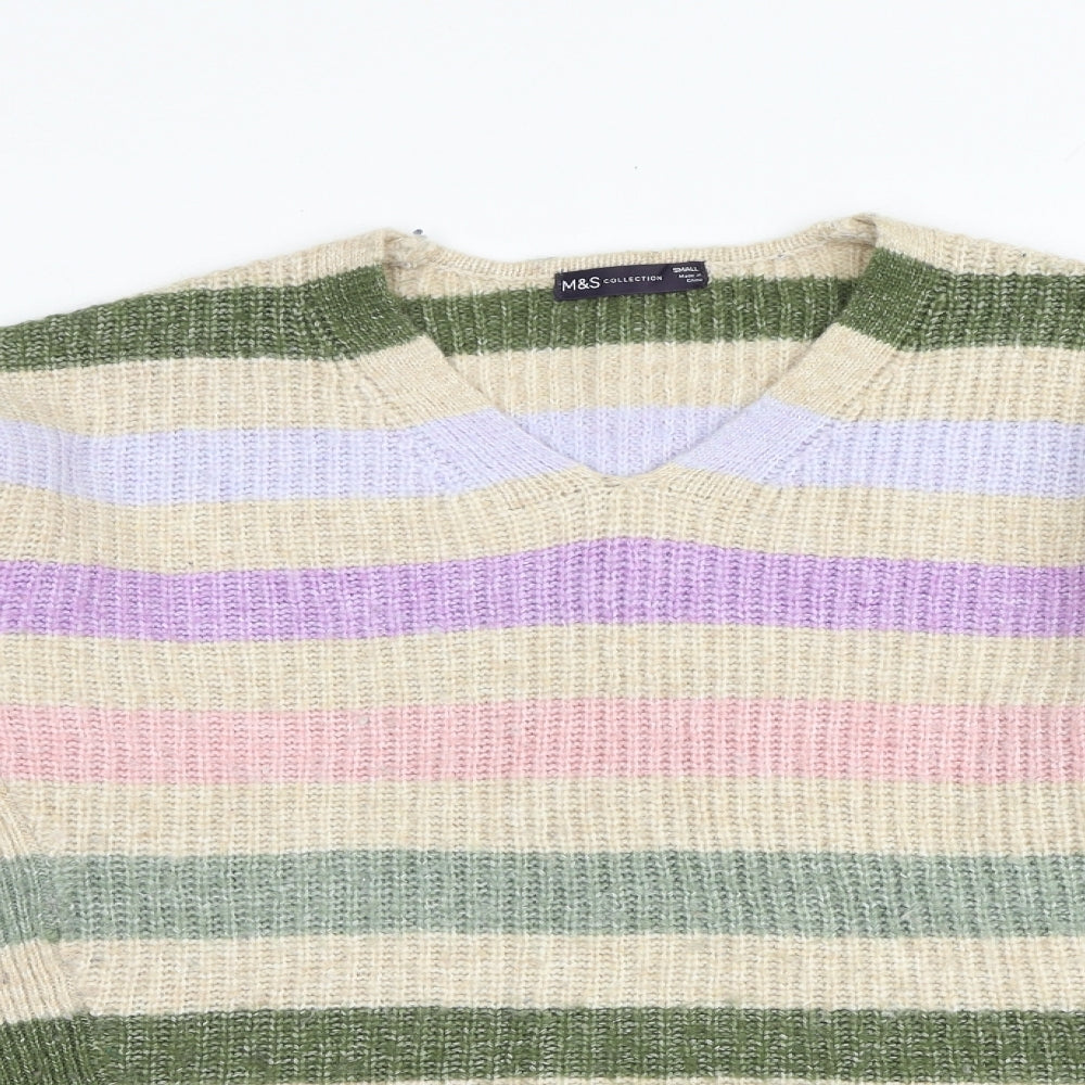 Marks and Spencer Womens Multicoloured V-Neck Striped Acrylic Pullover Jumper Size S