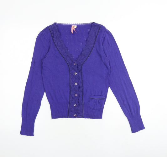 Whistles Womens Purple V-Neck Acrylic Cardigan Jumper Size S - Lace Trim