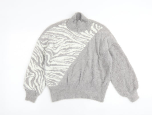 Threadbare Womens Grey High Neck Animal Print Nylon Pullover Jumper Size 12 - Tiger Print