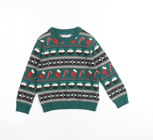 Marks and Spencer Boys Multicoloured Round Neck Fair Isle 100% Cotton Pullover Jumper Size 4-5 Years Pullover - Christmas