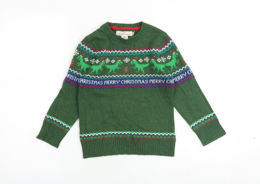 H&M Boys Multicoloured Round Neck Fair Isle 100% Cotton Pullover Jumper Size 5-6 Years Pullover - Christmas Dinosaur