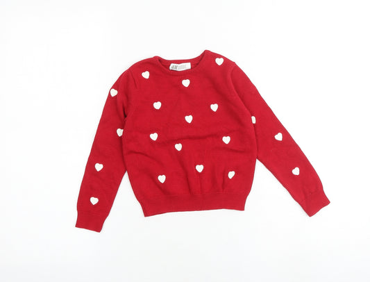 H&M Girls Red Round Neck Geometric 100% Cotton Pullover Jumper Size 3-4 Years Pullover - Heart Pattern