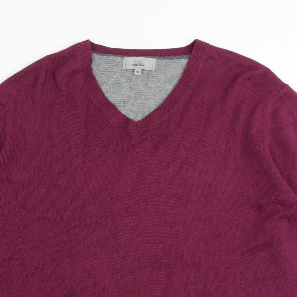 Marks and Spencer Mens Purple V-Neck Cotton Pullover Jumper Size XL Long Sleeve