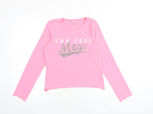 Marks and Spencer Girls Pink Polyester Basic T-Shirt Size 12-13 Years Boat Neck Pullover - Ribbed