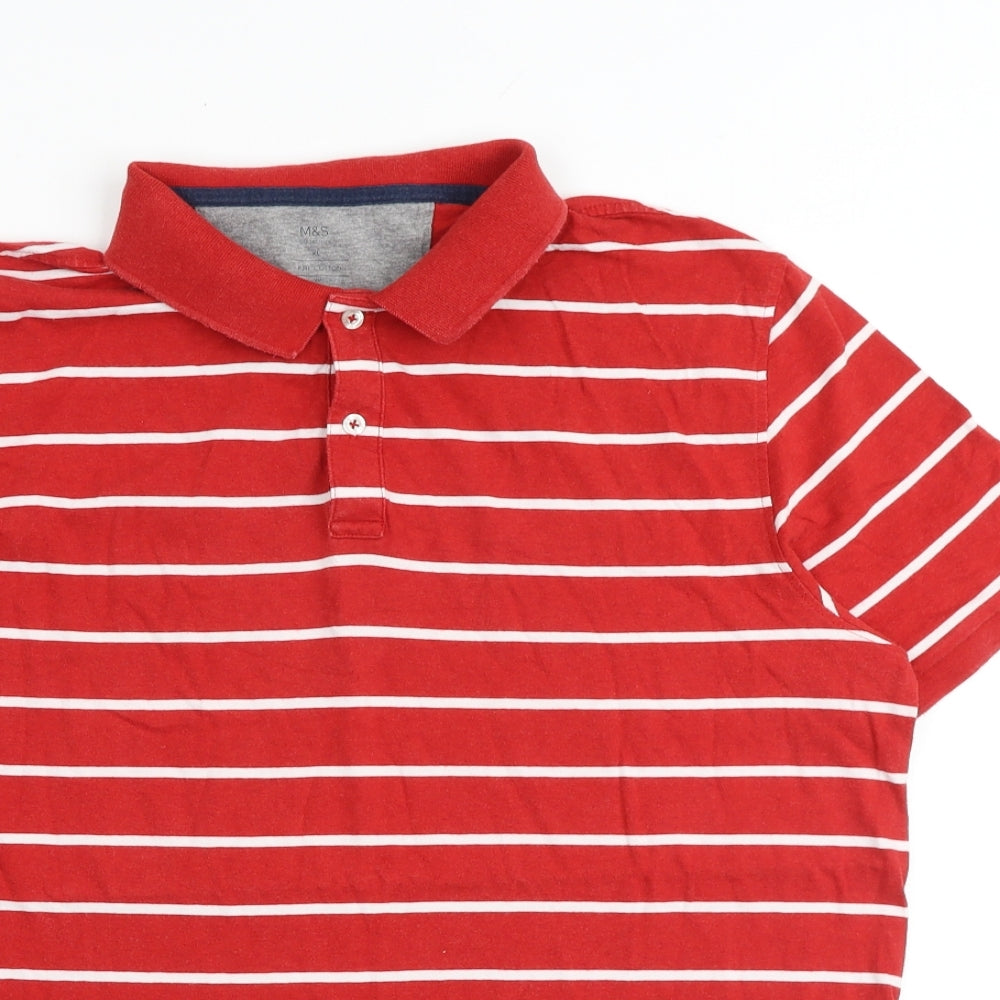 Marks and Spencer Mens Red Striped 100% Cotton Polo Size XL Collared Button