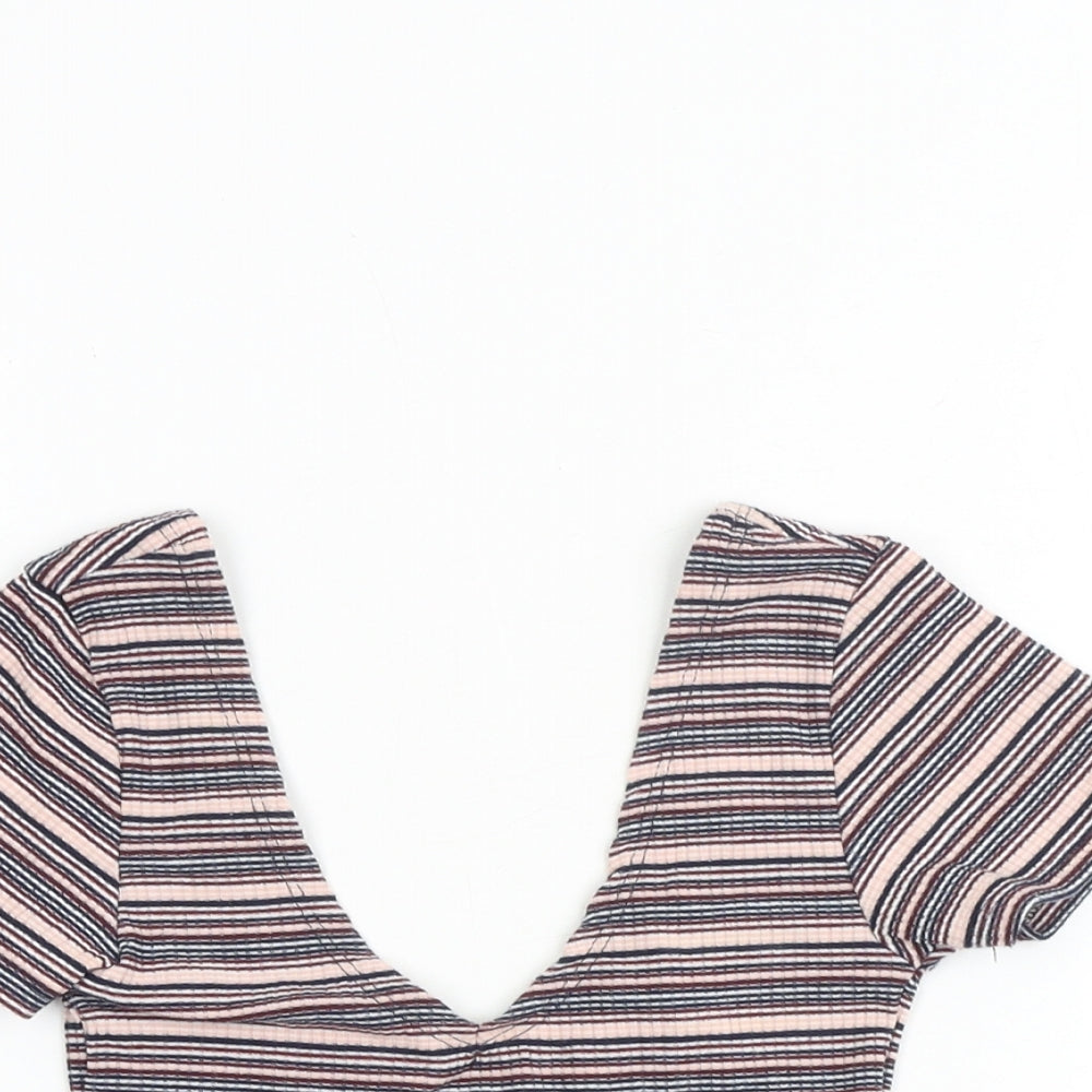 Pull&Bear Womens Multicoloured Striped Cotton Cropped Tank Size XS V-Neck