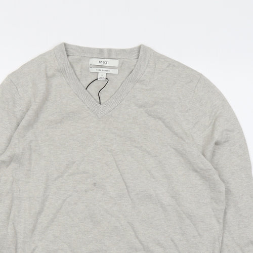 Marks and Spencer Mens Grey V-Neck Cotton Pullover Jumper Size M Long Sleeve