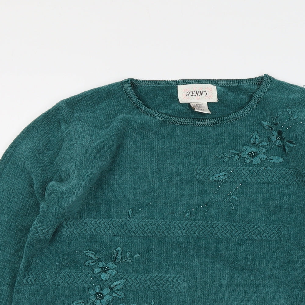 Jenny Womens Green Round Neck Acrylic Pullover Jumper Size L - Flower Detail
