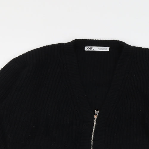 Zara Womens Black V-Neck Acrylic Full Zip Jumper Size M