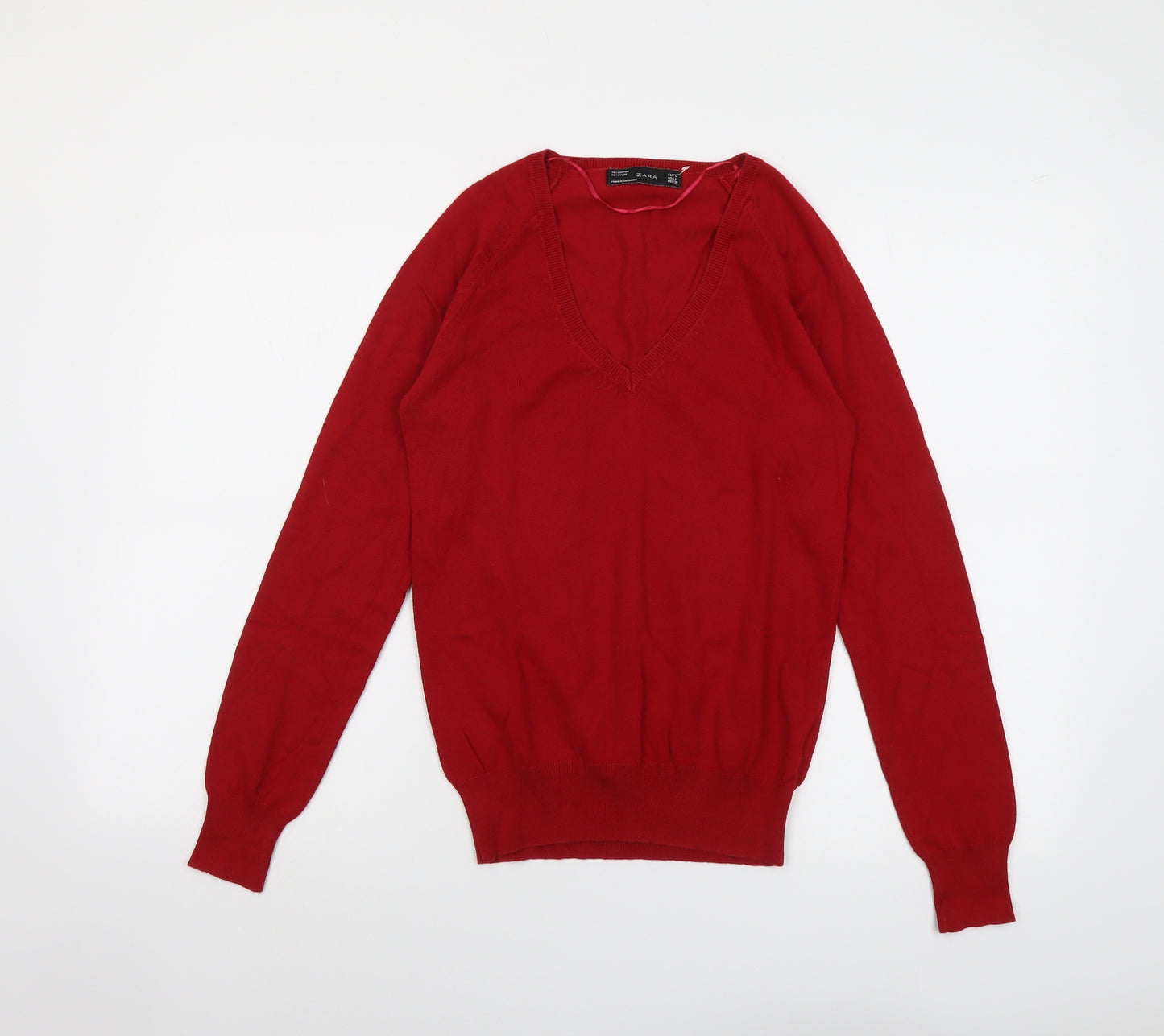 Zara Womens Red V-Neck Acrylic Pullover Jumper Size L