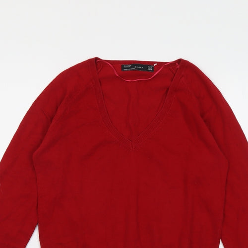 Zara Womens Red V-Neck Acrylic Pullover Jumper Size L