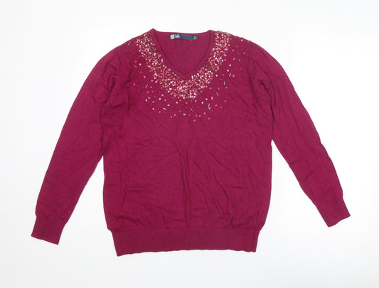 EWM Womens Pink V-Neck Viscose Pullover Jumper Size 14 - Size 14-16