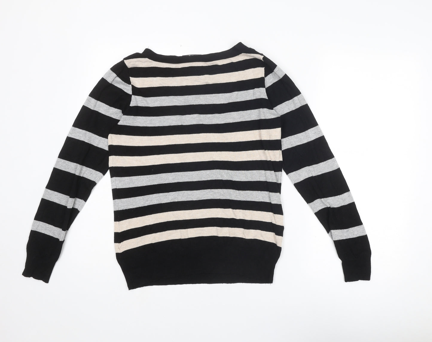 Wallis Womens Black Round Neck Striped Viscose Pullover Jumper Size 14