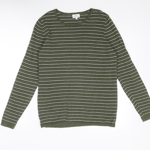 NEXT Mens Green Round Neck Striped Cotton Pullover Jumper Size S Long Sleeve