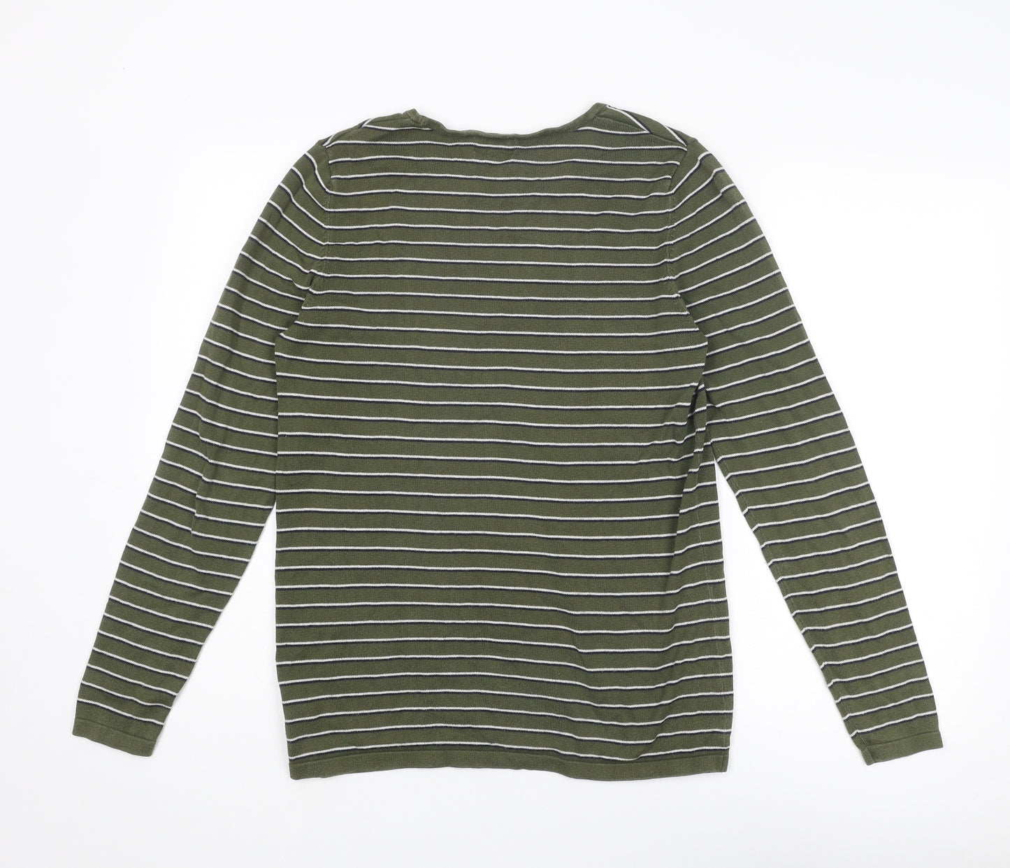 NEXT Mens Green Round Neck Striped Cotton Pullover Jumper Size S Long Sleeve
