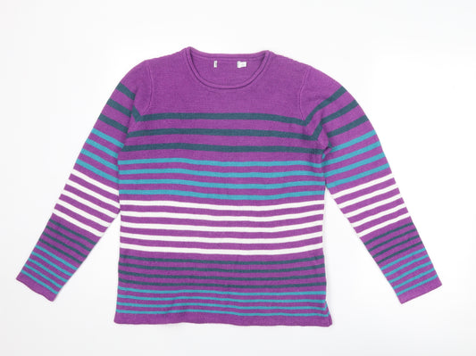 EWM Womens Purple Round Neck Striped Acrylic Pullover Jumper Size 10 - Size 10-12