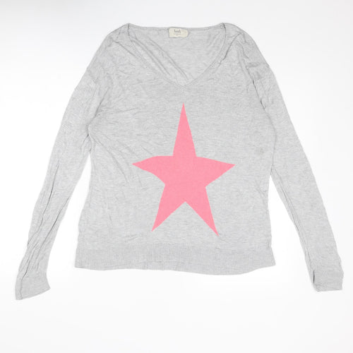 Hush Womens Grey V-Neck Bamboo Pullover Jumper Size M - Size M-L Star