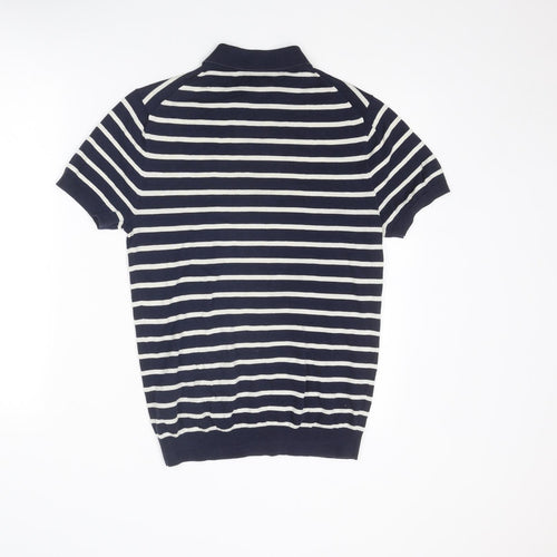 H&M Mens Blue Striped Cotton Polo Size S Collared Button
