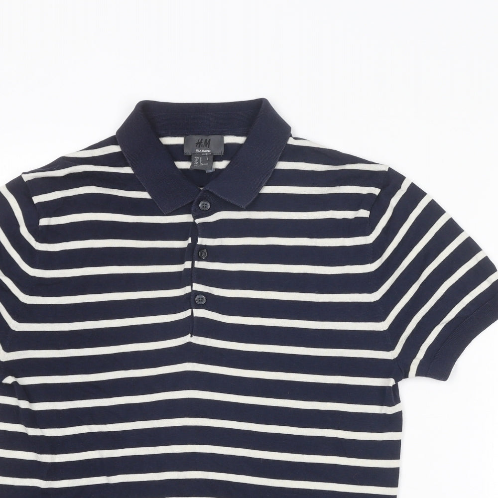 H&M Mens Blue Striped Cotton Polo Size S Collared Button