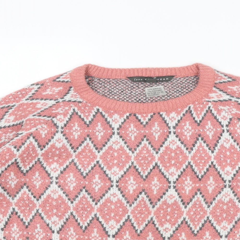 Love Knitwear Womens Pink Round Neck Fair Isle Acetate Pullover Jumper Size 14