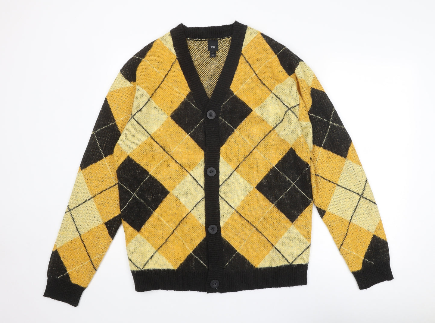 River Island Mens Yellow V-Neck Argyle/Diamond Acrylic Cardigan Jumper Size M Long Sleeve