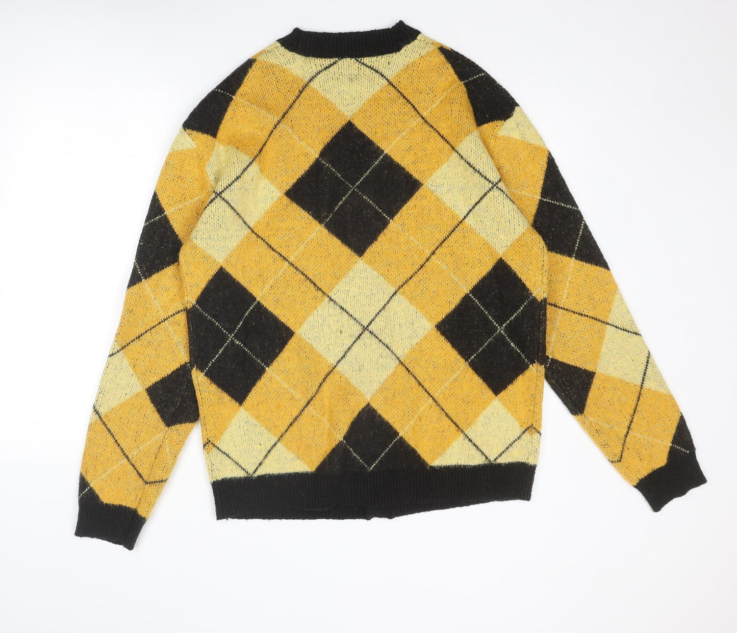 River Island Mens Yellow V-Neck Argyle/Diamond Acrylic Cardigan Jumper Size M Long Sleeve