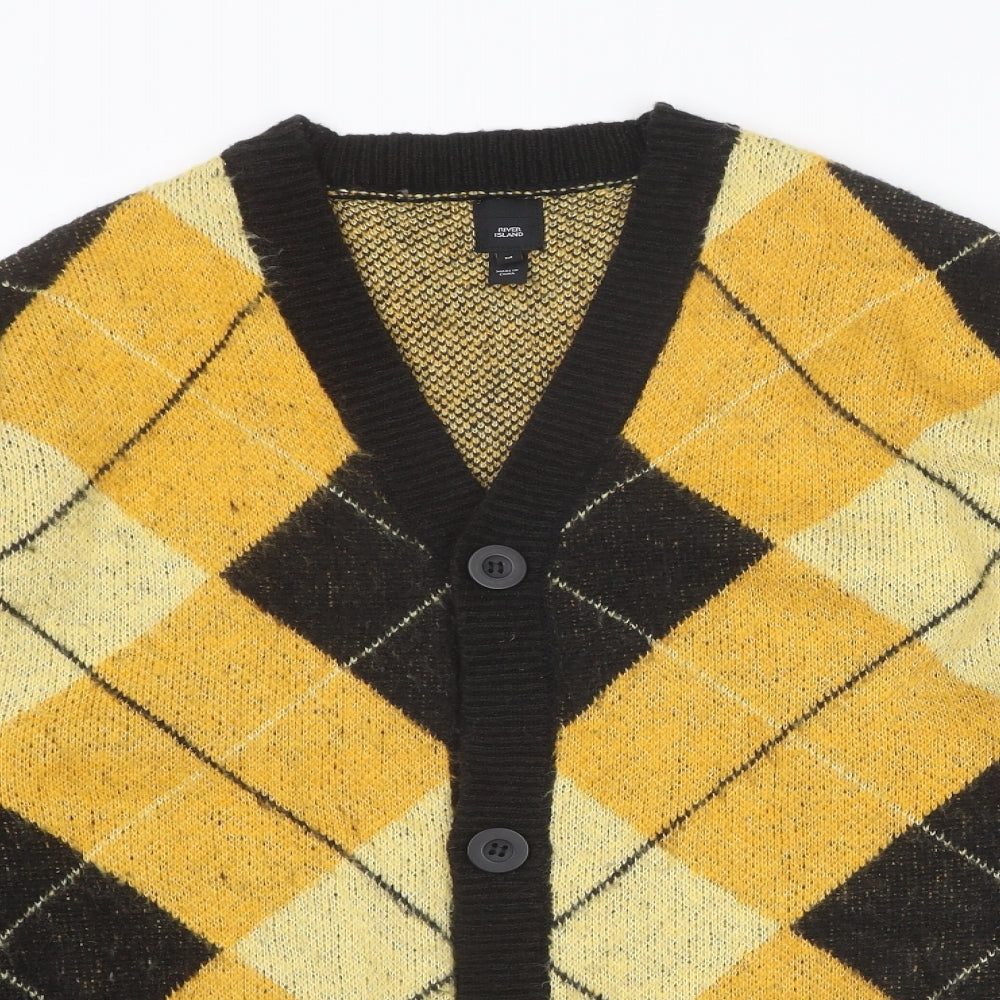 River Island Mens Yellow V-Neck Argyle/Diamond Acrylic Cardigan Jumper Size M Long Sleeve