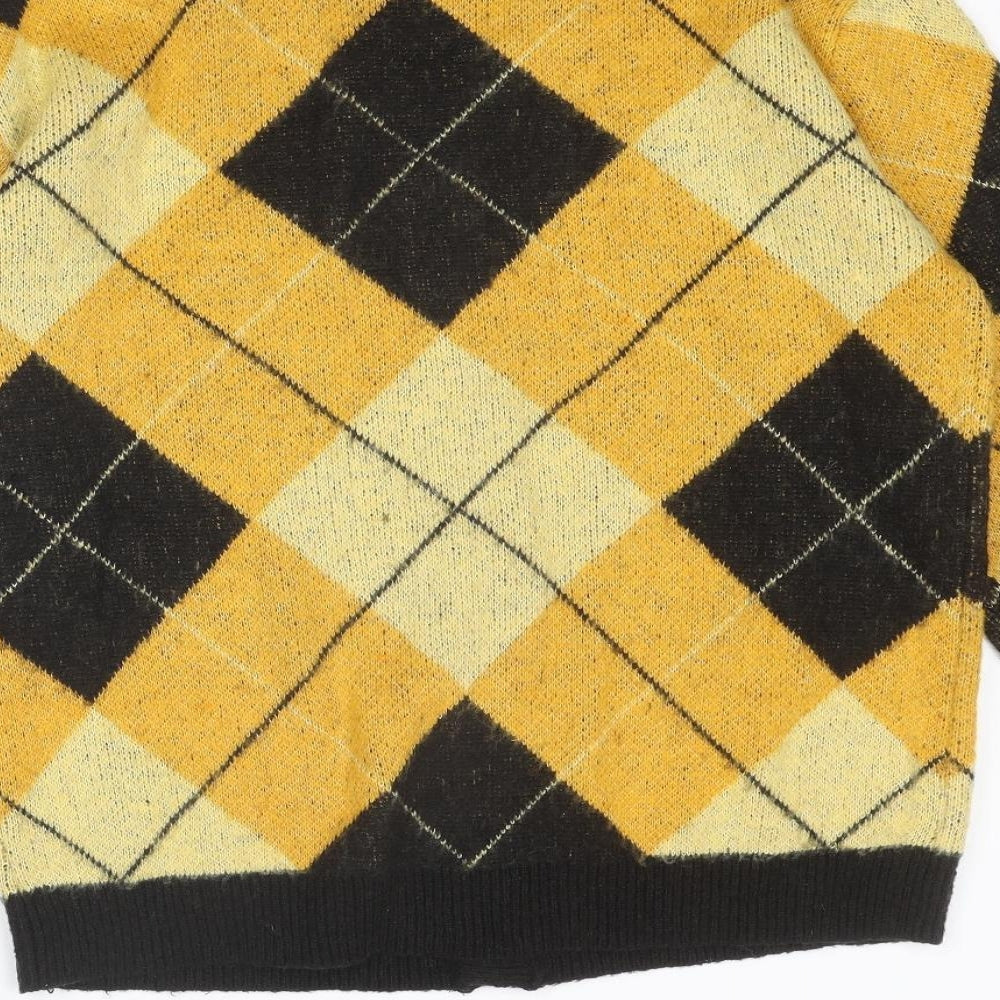 River Island Mens Yellow V-Neck Argyle/Diamond Acrylic Cardigan Jumper Size M Long Sleeve