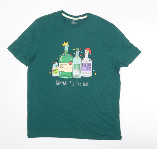 Marks and Spencer Mens Green Cotton T-Shirt Size M Round Neck - Christmas Gin-Gle all The Way