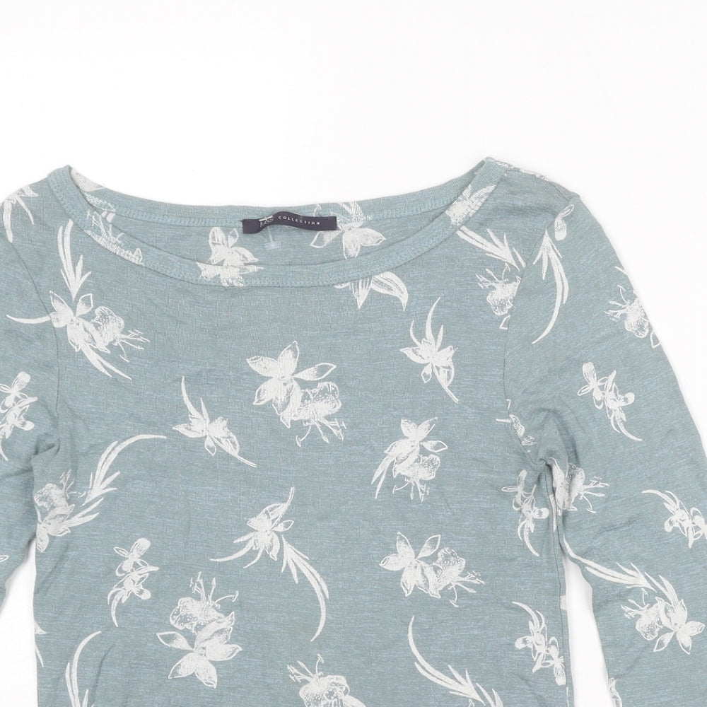 Marks and Spencer Womens Blue Floral Cotton Basic T-Shirt Size 8 Round Neck