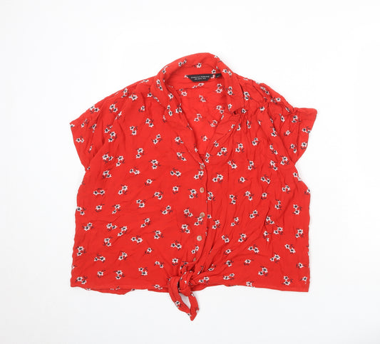 Dorothy Perkins Womens Red Floral Viscose Basic Button-Up Size 12 Collared - Tie Front Detail